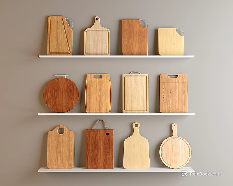 Wooden Cutting Boards on Shelves with Various Shapes and Sizes Kitchen Utensils 3d model 