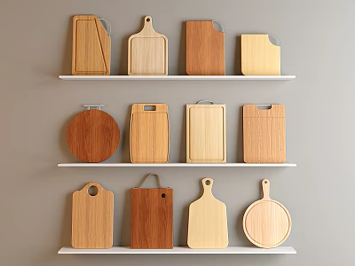 Wooden Cutting Boards on Shelves with Various Shapes and Sizes Kitchen Utensils 3d model