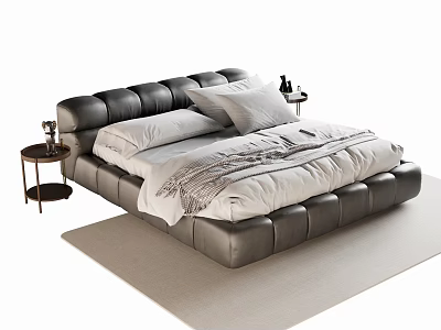 Stylish Double Bed With Black Leather Frame White Bedding And Side Nightstands On Beige Rug 3d model