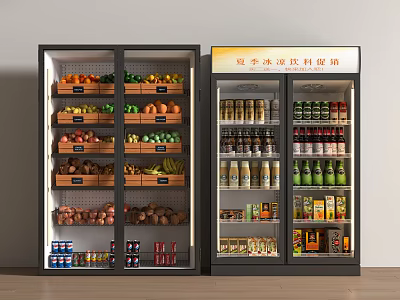 Commercial Display Refrigerators Stocked With Fresh Fruits Vegetables Beverages And Canned Foods 3d model