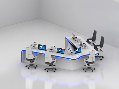 Modern Conference Room With U Shaped Table Computer Monitors And Blue Lighting 3d model