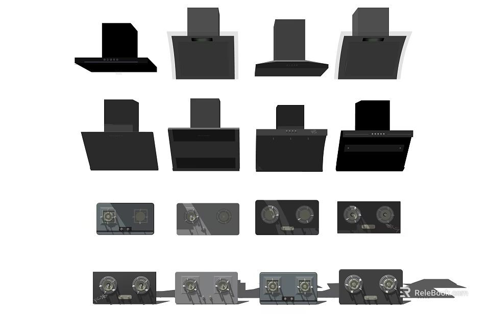 Kitchen Appliances Collection Featuring Black Range Hoods And Stove Designs 3d model