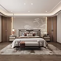 Modern Bedroom Interior Design With Wooden Furniture Mountain Pattern Wall And Area Rug