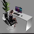 Modern Home Office Desk With Computer Monitor Keyboard Mouse And Green Plant Nearby