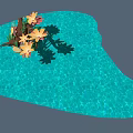 Microlandscape with Blue Water Area and Tree Branch Featuring Yellow Pink Flowers and Green Leaves