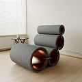 Cylindrical Single Sofas with Gray Fabric Copper Edges on Wooden Floor and Small Table 3d model