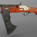 Unique Combination Weapon With Wooden Carved Grip Metal Axe Blade And Gun Barrel