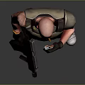 Bald Man Wearing Black Vest With Yellow Pattern Brown Pants Black Gloves Holding Gun Gesturing