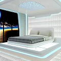 Modern Bedroom Interior With White Bed Gray Blanket And Sea Sunset Mural