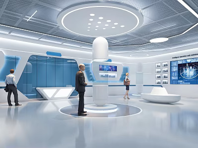 Modern Exhibition Hall Interior Design Featuring Circular Display Stand Digital Screens And Blue Glass Partitions 3d model