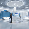Modern Exhibition Hall Interior Design Featuring Circular Display Stand Digital Screens And Blue Glass Partitions