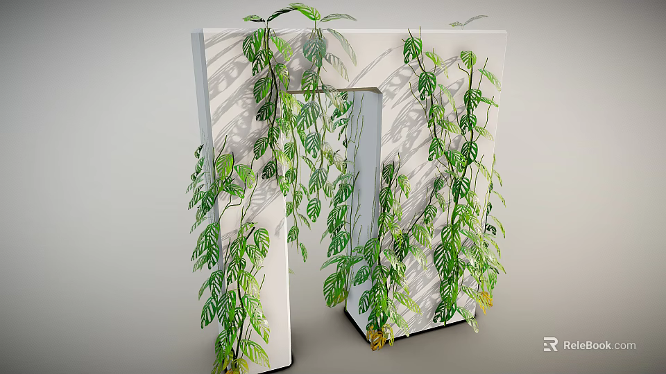 Lush Green Vines Growing On White Structure With Hanging Leaves And Small Yellow Flowers 3d model 