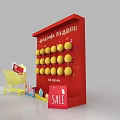 Red Display Board With Yellow Round Items Shopping Cart Shopping Bag And Colorful Promotion Elements