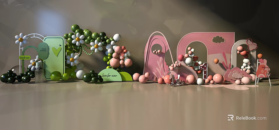 Colorful Inflatable Arch Decoration With Green Pink Balloons Flowers Leaves And Cloud Patterns 3d model 