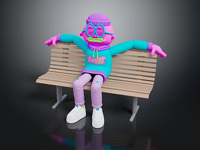 Cartoon Character in Colorful Outfit Sitting on Wooden Bench with Purple Head and Glasses 3d model
