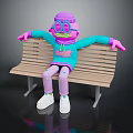 Cartoon Character in Colorful Outfit Sitting on Wooden Bench with Purple Head and Glasses
