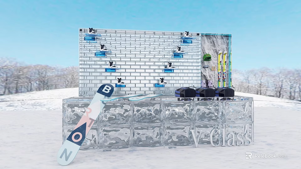 Tobacco and Liquor Store With V Glass Ice Structure And Ski Equipment In Snow Scene 3d model 
