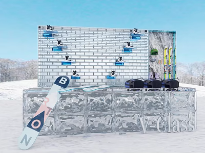 Tobacco and Liquor Store With V Glass Ice Structure And Ski Equipment In Snow Scene 3d model