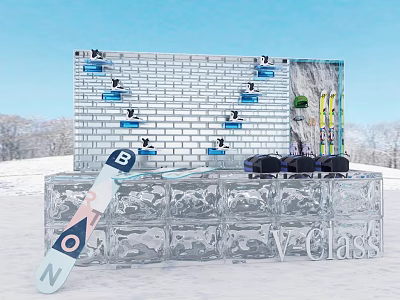 Tobacco and Liquor Store With V Glass Ice Structure And Ski Equipment In Snow Scene 3d model