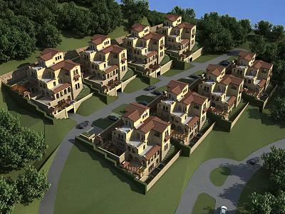Detached Villas Surrounded By Green Lawns And Trees With Red Roofs Driveways 3d model