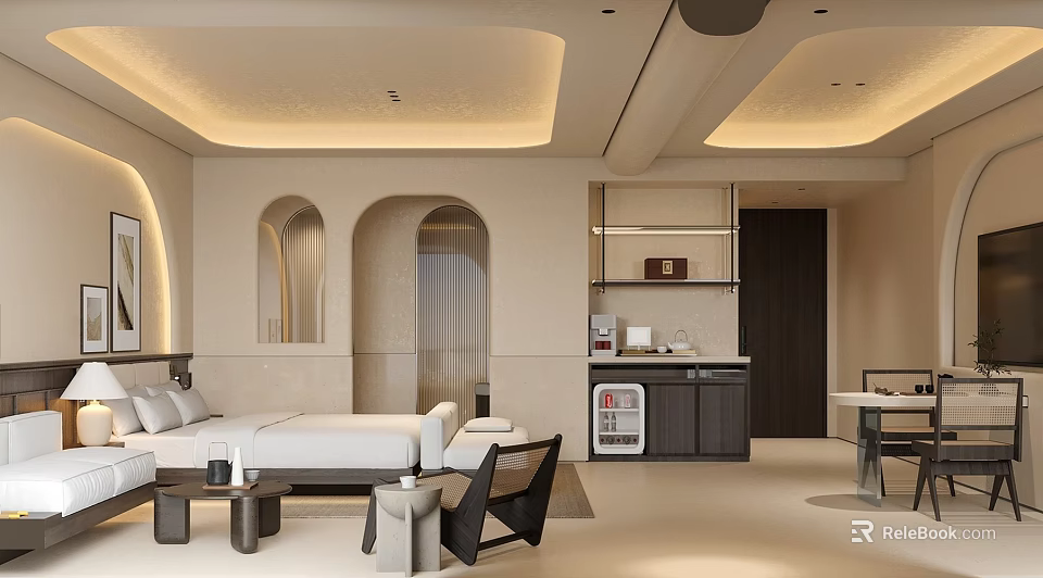 Hotel Room Interior With Modern Design Comfortable Bed Sofa Mini Bar And Soft Lighting 3d model