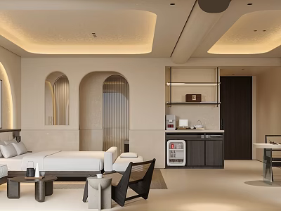 Hotel Room Interior With Modern Design Comfortable Bed Sofa Mini Bar And Soft Lighting 3d model