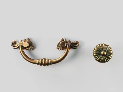Ornate Brass Door Handle With Curved Design And Round Floral Pattern Knob 3d model