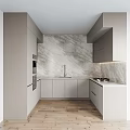 Modern Kitchen Interior With Light Gray Cabinets Built-in Oven And Marble Backsplash 3d model