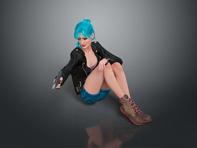 Blue haired woman in black leather jacket blue shorts sitting holding phone on gray background 3d model
