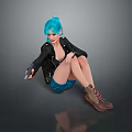 Blue haired woman in black leather jacket blue shorts sitting holding phone on gray background
