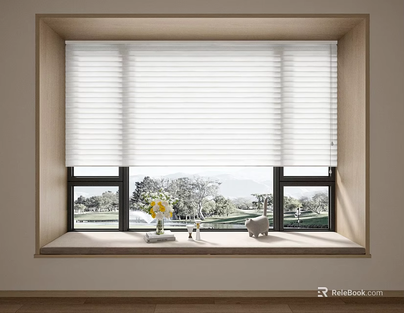 White Horizontal Window Blinds With Scenic View And Decorative Vase On Sill 3d model