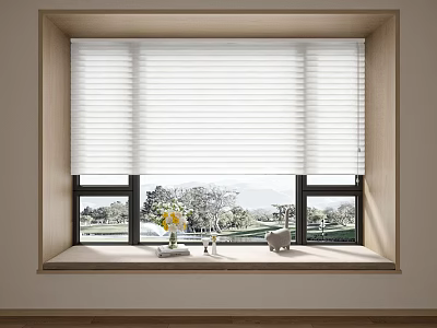 White Horizontal Window Blinds With Scenic View And Decorative Vase On Sill 3d model