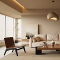 Modern Minimalist Living Room With Beige Sofa Wooden Coffee Table And Pendant Light