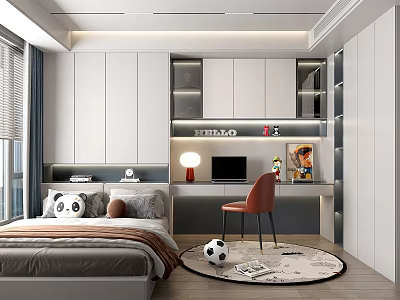 Tatami Bedroom Interior With Bed Desk Chair And White Built In Cabinets 3d model