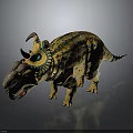 Vibrant Triceratops Dinosaur Figurine With Yellow Body Black Stripes Green Eyes and Decorative Horns