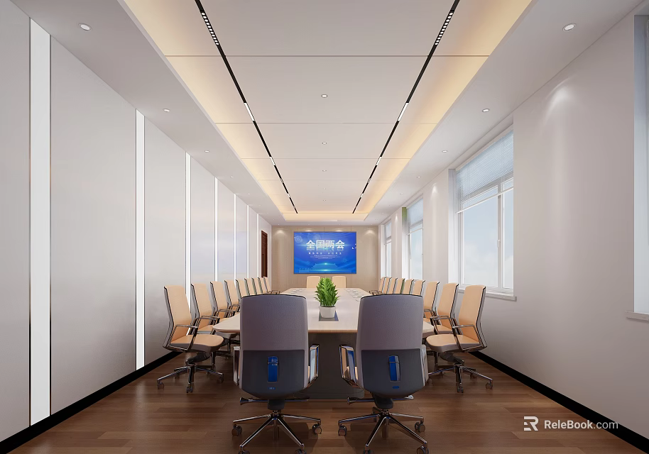 Modern Spacious Conference Room Interior With Long Table Comfortable Chairs And Digital Display Screen 3d model 