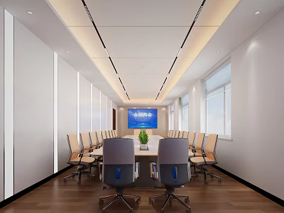 Modern Spacious Conference Room Interior With Long Table Comfortable Chairs And Digital Display Screen 3d model
