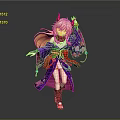 Game and Movie Character Wearing Purple Kimono With Orange Long Hair Red Horns Floral Patterns