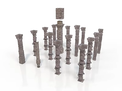 Various Classical Stone Columns With Ancient Architectural Designs And Different Heights 3d model