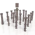 Various Classical Stone Columns With Ancient Architectural Designs And Different Heights