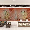 Traditional Exhibition Hall Interior With Landscape Wall Green Plants Display Counters And Bookshelves