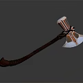 Decorative Axe With Handcrafted Wooden Handle And Striped Metal Head On Dark Background