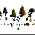 Cartoon Style Various Plants Collection With Trees Mushrooms Grasses And Colorful Flowers