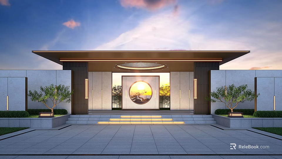 Modern Chinese Entrance Gate Design With Circular Decorative Panel Steps And Green Plants 3d model 