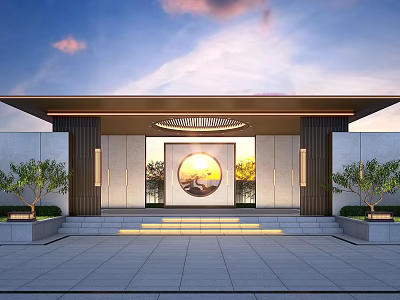 Modern Chinese Entrance Gate Design With Circular Decorative Panel Steps And Green Plants 3d model
