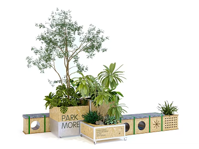 Public Chair in Park With Wooden Planter Boxes and Lush Green Plants 3d model