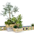 Public Chair in Park With Wooden Planter Boxes and Lush Green Plants