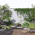 Karesansui Zen Garden Design With Stone Lanterns Circular Paths Wooden Deck And Greenery