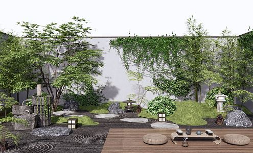 New Chinese Style Courtyard Zen Courtyard Landscape Dry Landscape Stone Landscape Stone Parthenocissus Creeper Plant Maple Bamboo Tea Table Tea Table and Chair 3d model