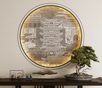 New Chinese Style Round Frame Painting Jewelry Ornaments Green Plant Potted Plant Teapot Tea Cup Tea Pot Plant Pine Tree Decorative Painting 3d model